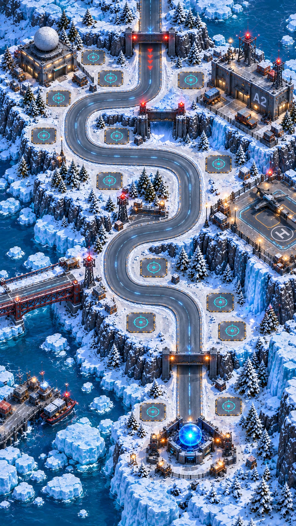 Snow-covered arctic military outpost with a winding defense route